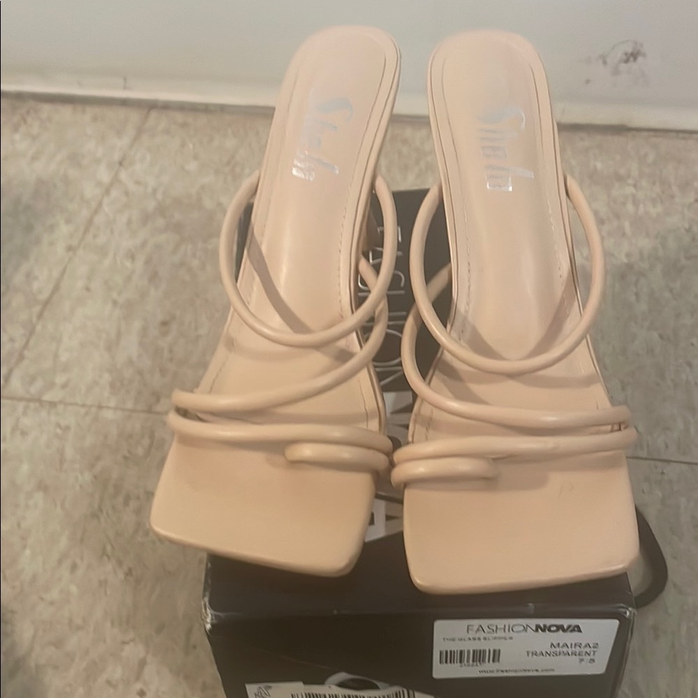 Fashion Nova Cream Heeled Sandals with Block Heel